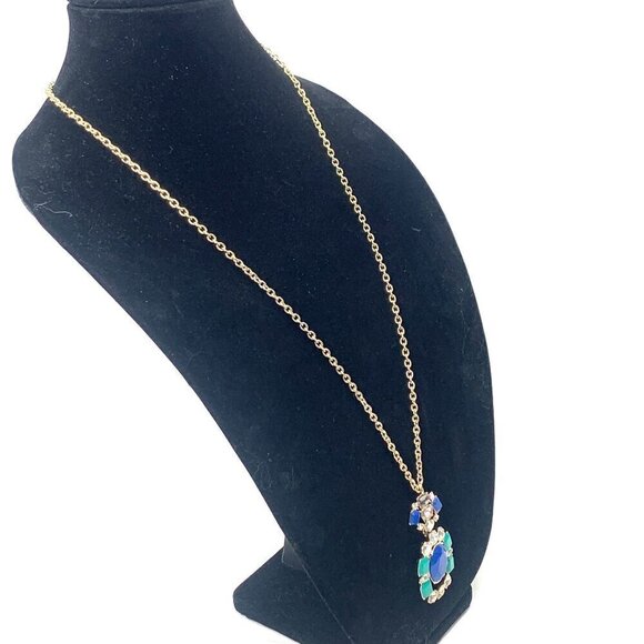 J.Crew Rope Length Beaded Jeweled Necklace Gold Green Blue Clear Crystal 32"L - Picture 3 of 7